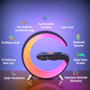 RGB IŞIKLI SAAT ALARM 15 WHATT HIZLI SARJLI SES BOMBASI